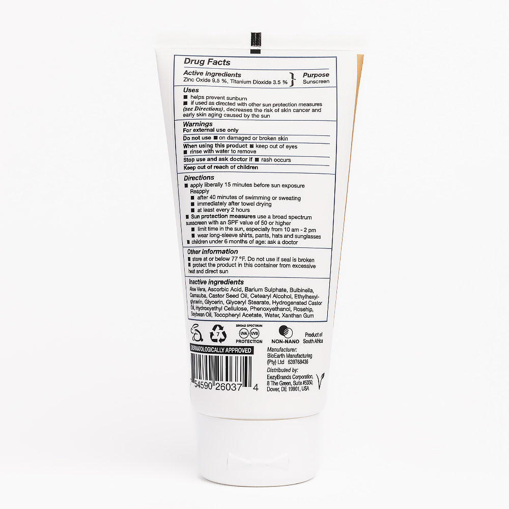 Back of the EEZYSUN sunscreen tube. Contains drug facts, active ingredients, warnings, directions and other product specific information. Cruelty-free, vegan and recyclable. 