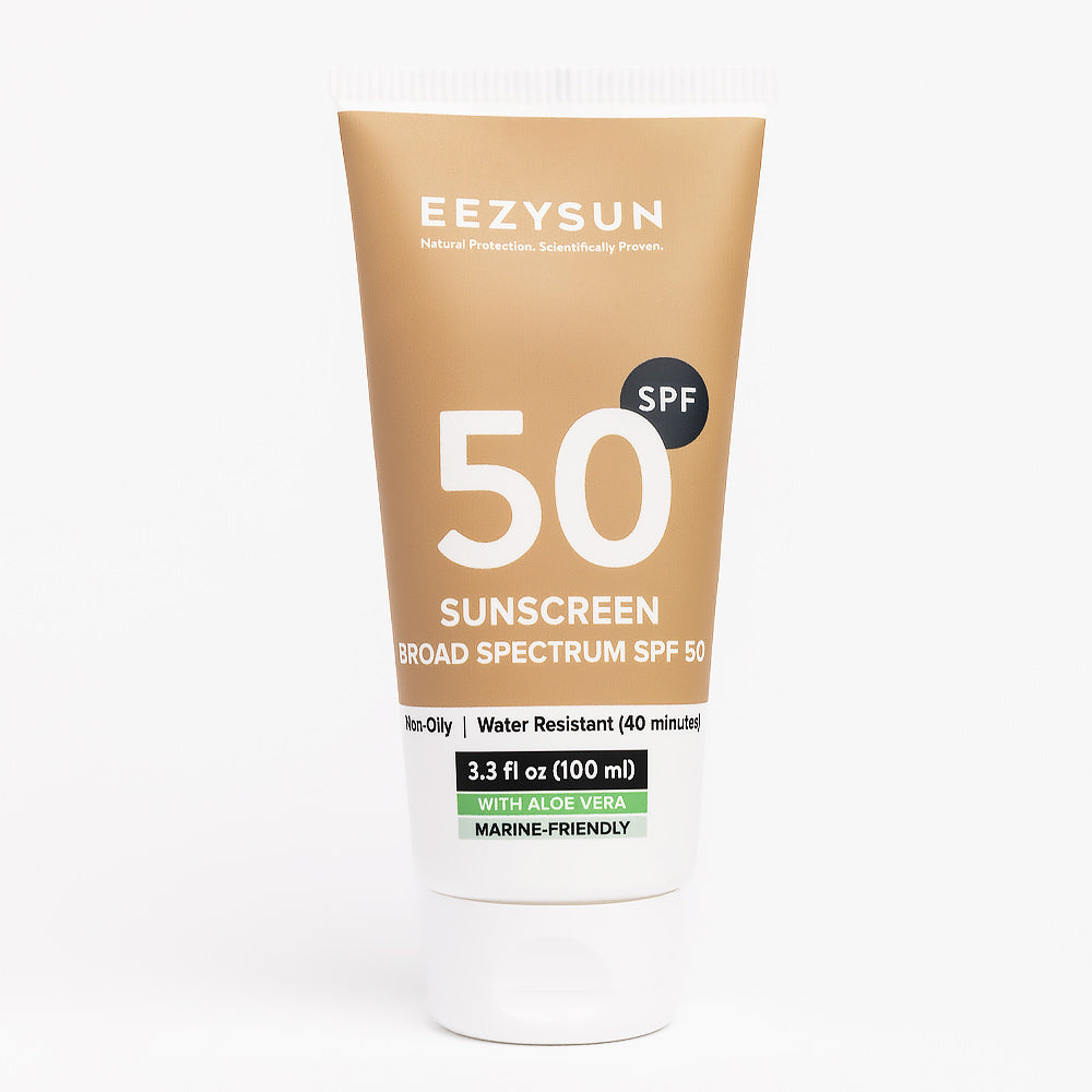 Front of EEZYSUN Sunscreen Tube. Sunscreen is Broad Spectrum, SPF 50, Water Resistant. Contains Aloe Vera and is Marine-Friendly. 3.3 Fl Oz or 100 ml tube.