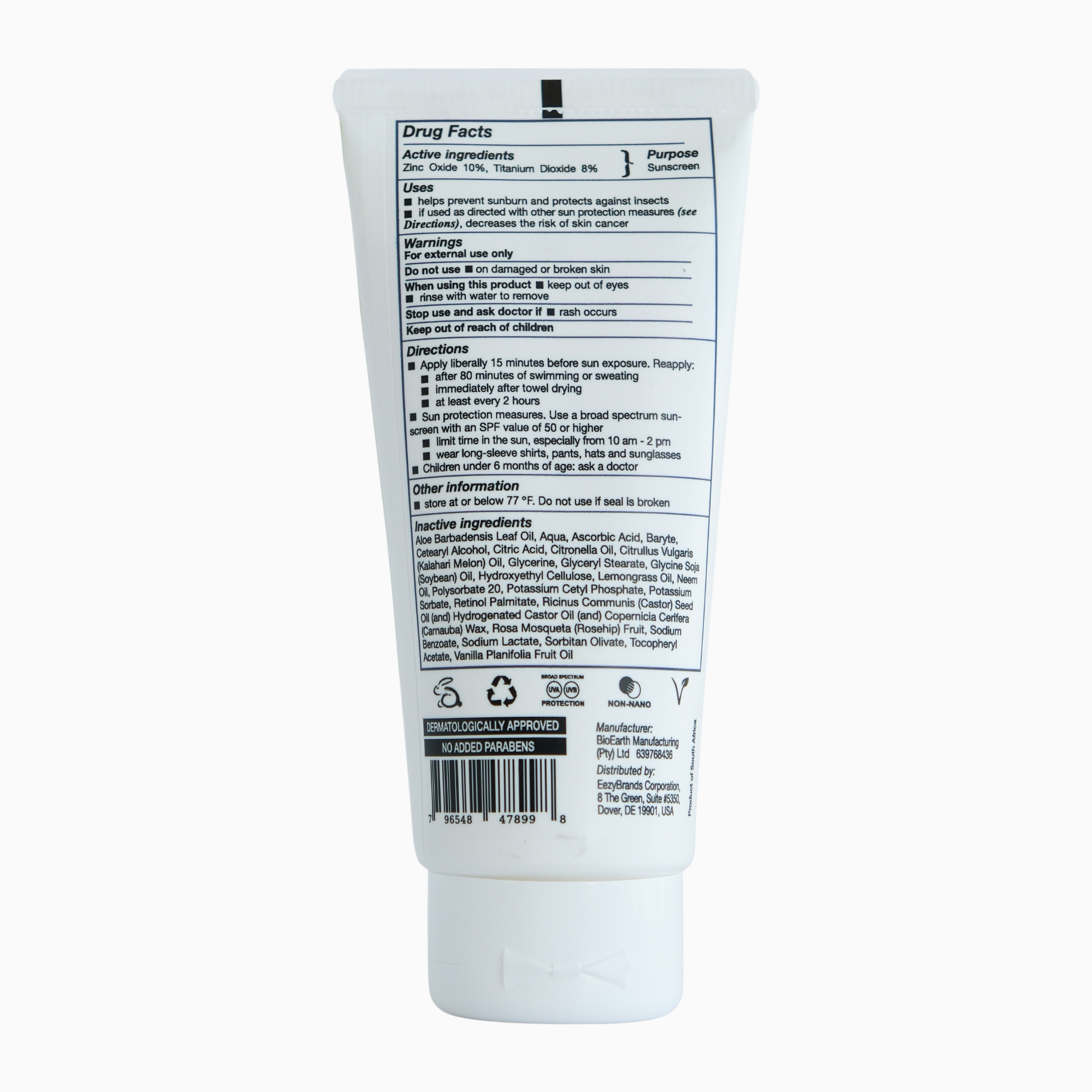 Back of the SPF 50 with Insect Repellent tube. The back includes the drug facts, uses, warnings, directions for use and the ingredient list. The product is cruelty-free, recyclable, non-nano, and vegan.